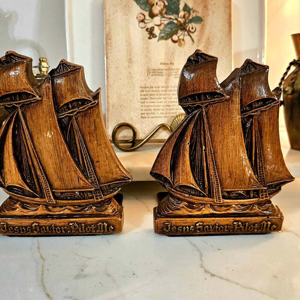 Vintage Syroco Jesus Savior Pilot Me Nautical Sailboat Bookends
